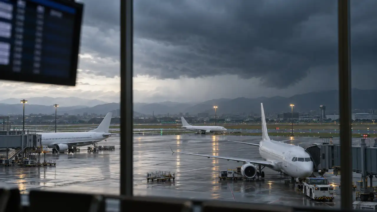 荒天時に空港で待機する航空機のイメージ