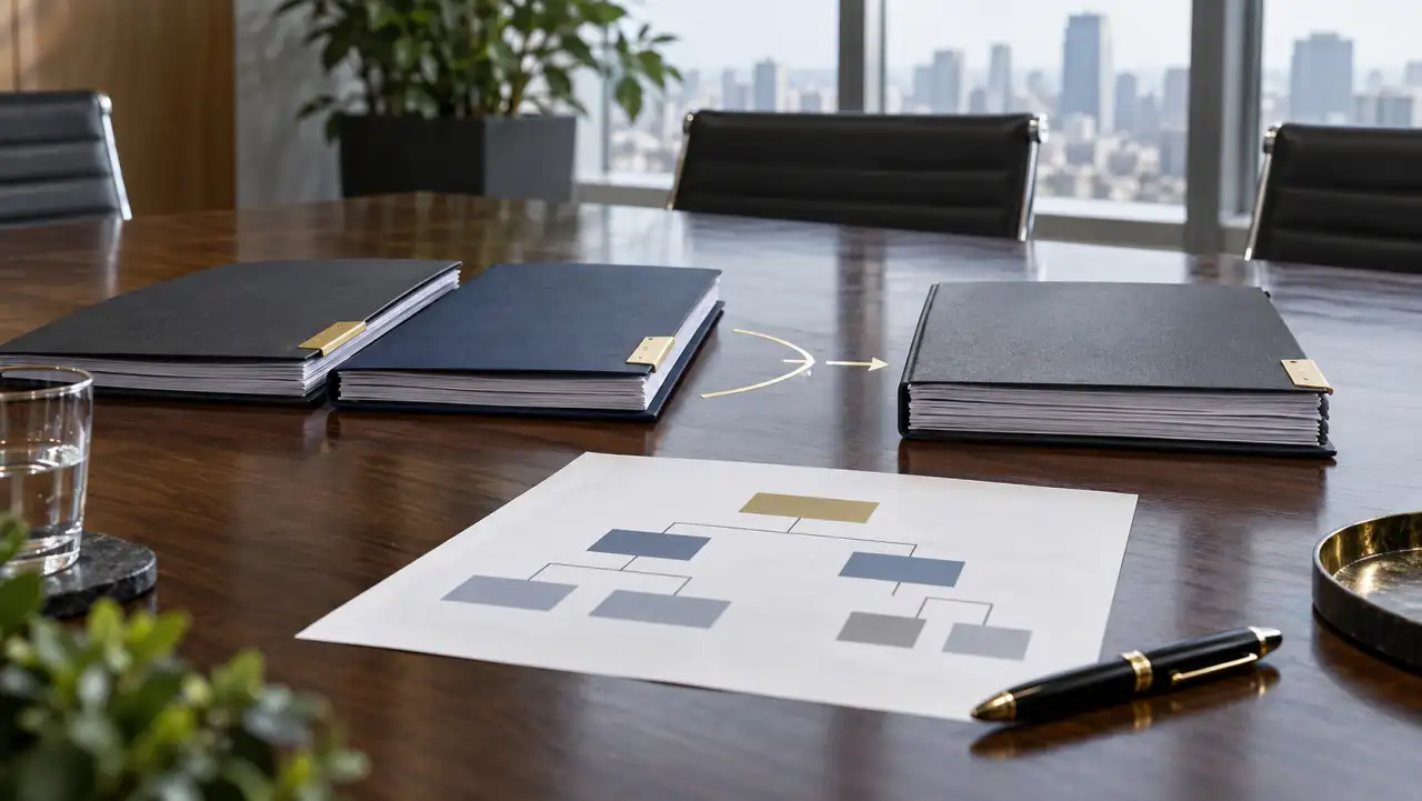 企業や組織の再編を表す書類のイメージ